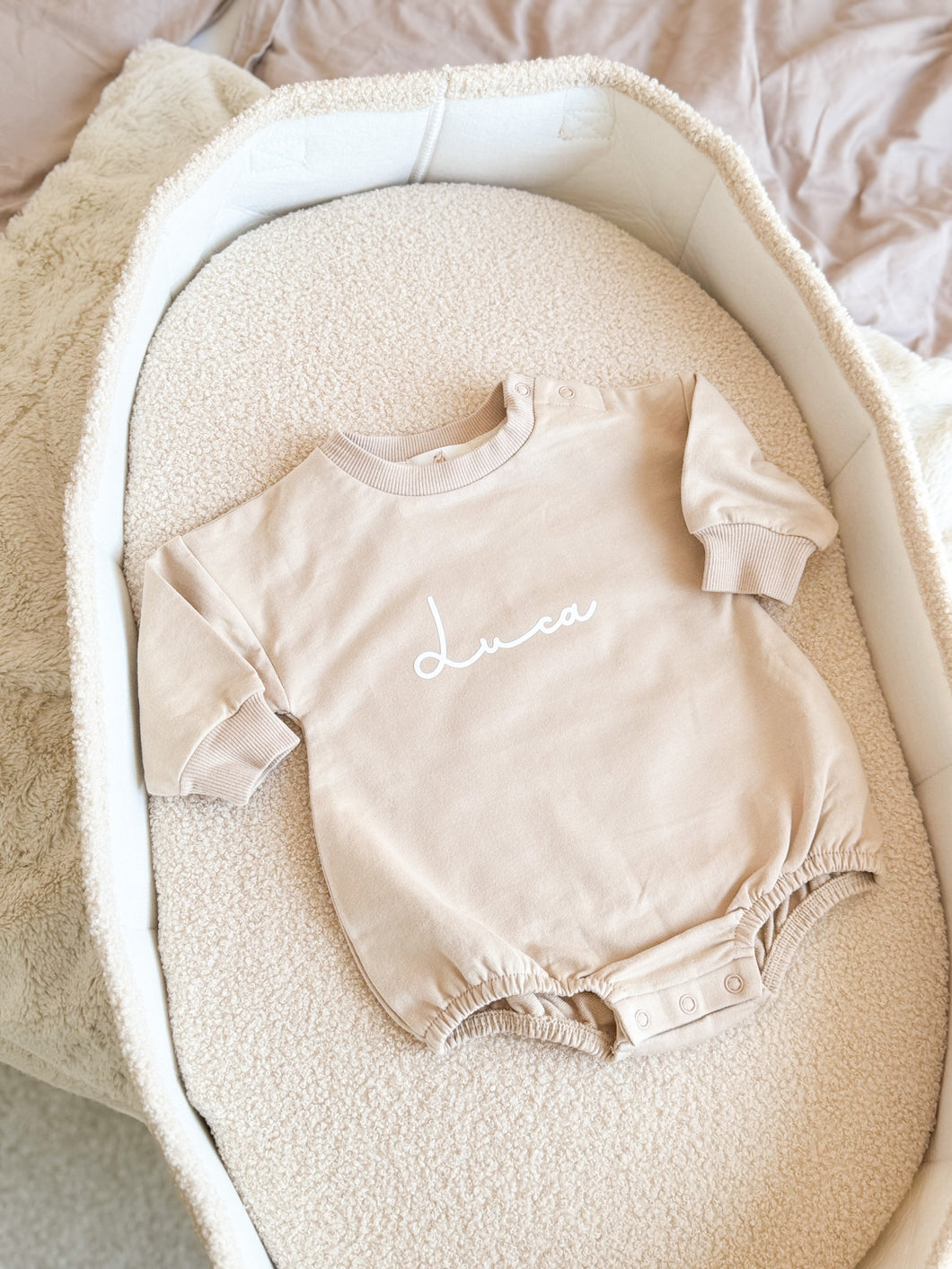 Bubble Romper, Baby Onesie , Oversized Jumpsuit with Name - Light Beige