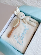 Load image into Gallery viewer, 3 pcs Gift Box with Personalised Blanket , Handmade Crochet Bunny and Baby Brush engraved with Name - Blue Edition
