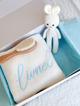 Load image into Gallery viewer, 3 pcs Gift Box with Personalised Blanket , Handmade Crochet Bunny and Baby Brush engraved with Name - Blue Edition
