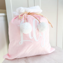 Load image into Gallery viewer, Luxury Velvet Santa Sack with Pom Moms , many colors available- Personalized
