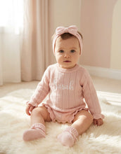 Load image into Gallery viewer, Personalized Knitted Baby Bundle Set – Ruffled Pink Romper+ Headband + Booties - BEBIMINE LLC
