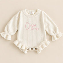Load image into Gallery viewer, White Ruffle Knit Baby Romper – Optional Name Embroidery
