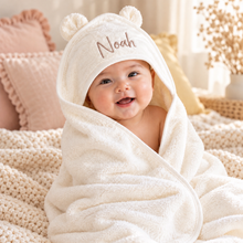 Load image into Gallery viewer, Organic Cotton Baby Towel – White with Optional Name Embroidery - BEBIMINE LLC
