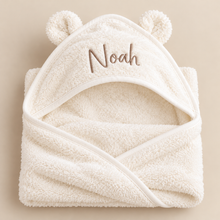 Load image into Gallery viewer, Organic Cotton Baby Towel – White with Optional Name Embroidery - BEBIMINE LLC
