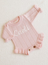 Load image into Gallery viewer, Personalized Knitted Baby Bundle Set – Ruffled Pink Romper+ Headband + Booties
