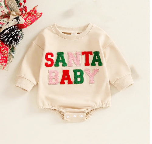 Santa Baby/ Christmas Romper Sweatshirt Oversized  Bubble Jumpsuit - Pick your Color - BEBIMINE LLC