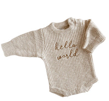 Load image into Gallery viewer, Knitted  Romper with &quot;Hello world&quot;  embroidery with Matching Hat - Pick your Color
