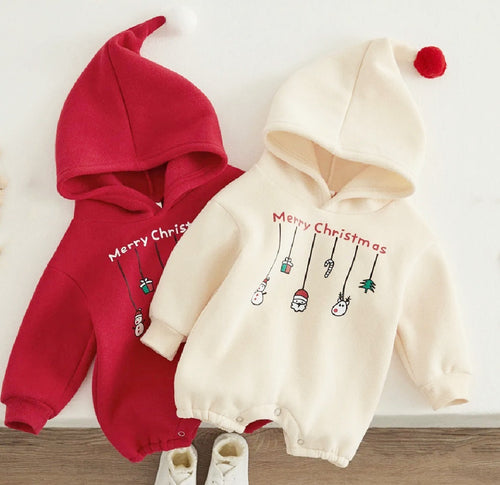 Long sleeved Christmas Romper with pointed hat - Pick your Color - BEBIMINE LLC