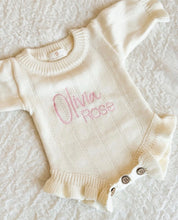 Load image into Gallery viewer, Personalized Knitted Baby Bundle Set – Ruffled white Romper+ Headband + Booties - BEBIMINE LLC
