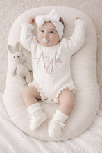Load image into Gallery viewer, Personalized Knitted Baby Bundle Set – Ruffled white Romper+ Headband + Booties - BEBIMINE LLC
