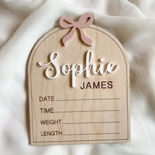 Load image into Gallery viewer, Custom Birth Announcement Sign Pink Bow, engraved Disc
