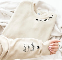 Load image into Gallery viewer, Custom Mama Sweatshirt with Kids Name on Sleeve, Personalized Mom Sweatshirt - Pick your Color
