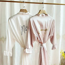 Load image into Gallery viewer, Personalized Bridesmaid Robes with a Ruffled Bridal Shower Dressing Gown Unique Wedding Day Robe For Bride Custom Ruffle Kimonos
