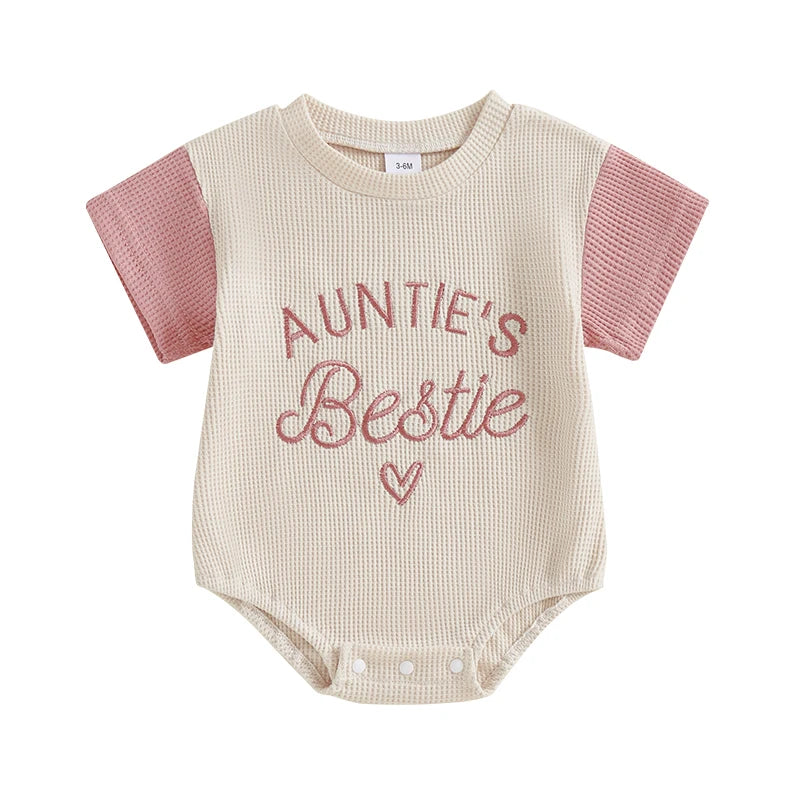 Aunties Bestie Summer Baby Girl Waffle  Romper Short Sleeve- Pick your Color