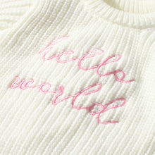 Load image into Gallery viewer, Knitted  Romper with &quot;Hello world&quot;  embroidery with Matching Hat - Pick your Color
