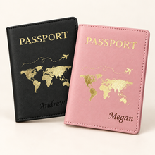 Load image into Gallery viewer, Personalised pink and black passport covers with the names Megan and Andrew
