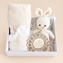 Load image into Gallery viewer, Small personalised baby gift box on a warm beige studio background
