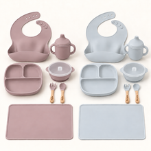 Load image into Gallery viewer, Complete silicone baby feeding and weaning set in dusty pink and pale blue with personalised wooden cutlery
