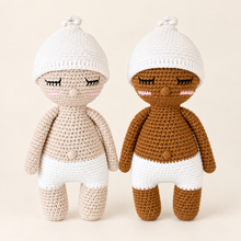 Load image into Gallery viewer, Beige and brown handmade crochet baby dolls with belly-button detail
