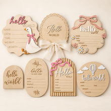 Load image into Gallery viewer, Seven wooden Hello World baby announcement plaque designs
