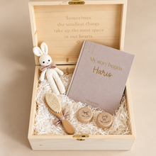 Load image into Gallery viewer, Personalised His Story Begins wooden baby keepsake gift box with Harris journal, crochet bunny, baby brush and first tooth and curl boxes

