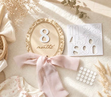 Load image into Gallery viewer, Double-sided wooden baby milestone disc with interchangeable numbers
