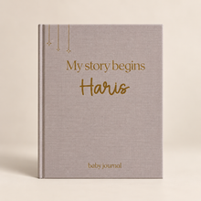 Load image into Gallery viewer, Soft Taupe personalised baby memory book and baby journal with gold name
