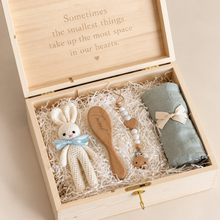 Load image into Gallery viewer, Large personalised wooden baby keepsake gift box with crochet bunny, name engraved brush, pacifier chain, sage swaddle and gold key
