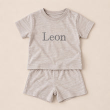 Load image into Gallery viewer, Light grey organic cotton baby T-shirt and shorts set with optional name embroidery
