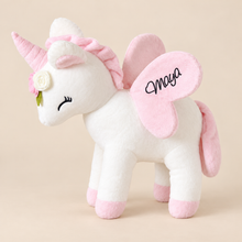 Load image into Gallery viewer, Personalised White Unicorn Soft Toy with Flower Wreath – 26 cm
