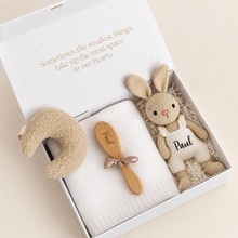 Load image into Gallery viewer, Personalized baby gift box with crochet bunny, white knitted blanket and engraved wooden baby brush
