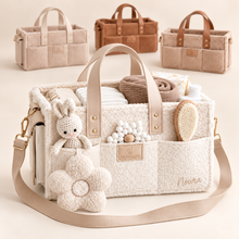 Load image into Gallery viewer, Personalized white teddy boucle baby diaper caddy with Noura in beige, shown with additional color choices
