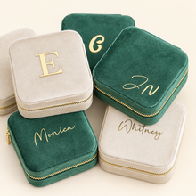 Load image into Gallery viewer, Personalized velvet jewelry boxes in ivory and dark green with gold lettering
