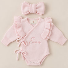 Load image into Gallery viewer, Powder pink personalized knitted baby romper with matching headband

