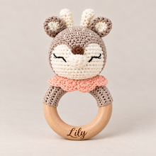 Load image into Gallery viewer, Personalised premium crochet deer baby rattle with Lily engraved on its wooden ring
