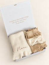 Load image into Gallery viewer, Ruffle and Bow baby gift set in open white gift box

