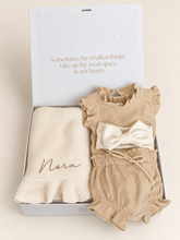 Load image into Gallery viewer, Ruffle and Bow personalized baby gift set with beige outfit displayed
