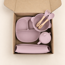 Load image into Gallery viewer, Dusty pale pink silicone baby feeding set presented in a kraft box with Mila engraved on the wooden spoon and fork
